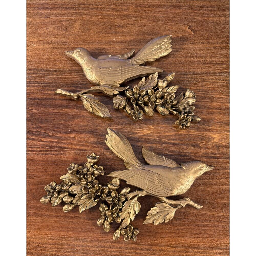 Vintage Dart Industries Medium Gold Bird Wall Plaques Set Of 2 Floral Decor